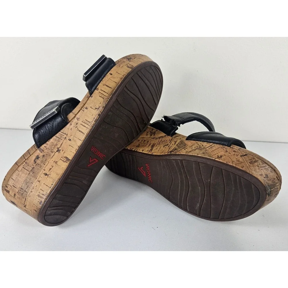 Vionic Pepper Womens 7 Black Leather Cork Wedge Platform Slide Sandals